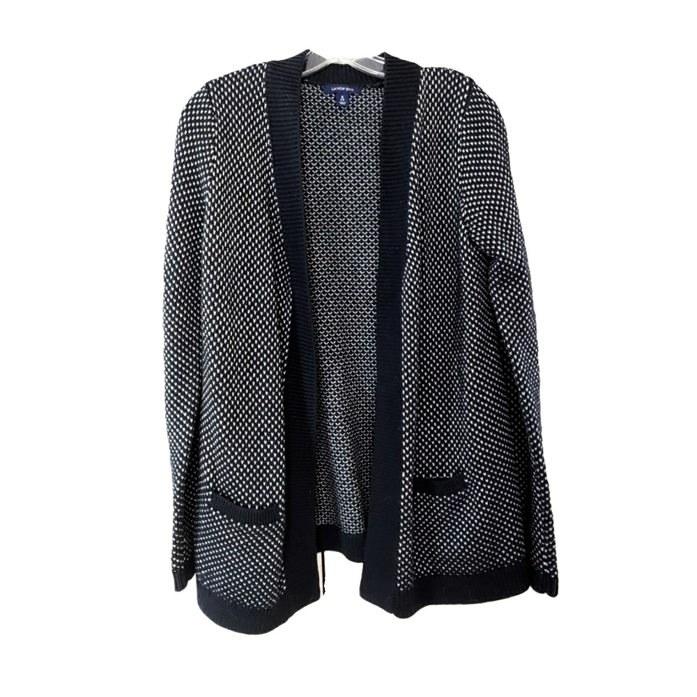 Lands End Wm S Blk & White Polka Dot Open Cardigan - Picture 2 of 7